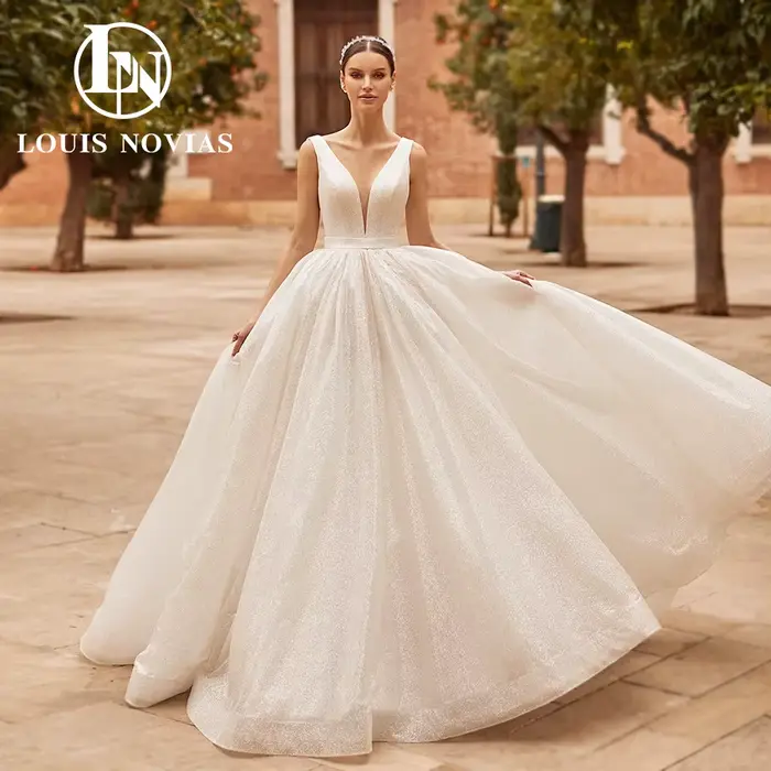 LOUIS NOVIAS – robe De mariée trapèze pour femmes, col en v, sans manches, en Tulle scintillant, dos
