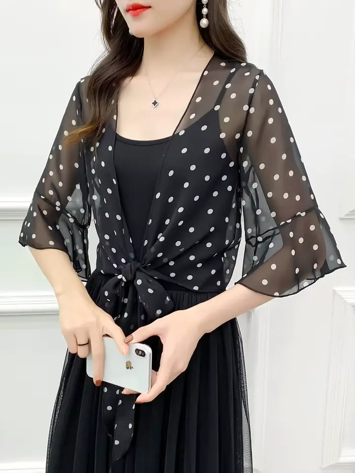 Robe de soirée en mousseline de soie noire et blanche pour femmes, col en v, élégante, Simple, douce, décontractée, à pois