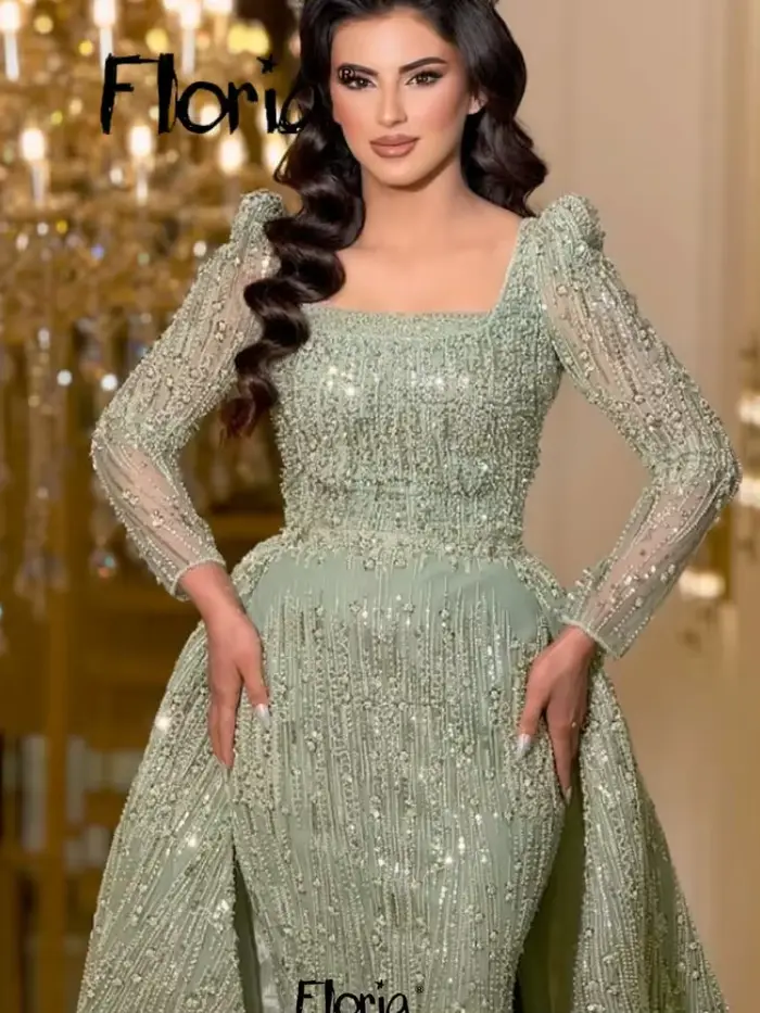 Robe de bal deux pièces vert menthe, col carré, manches longues, robes d'invitées de mariage, grande