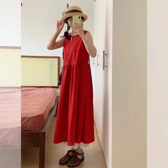 Robe longue décontractée sans manches style vacances à la plage rouge pour femme