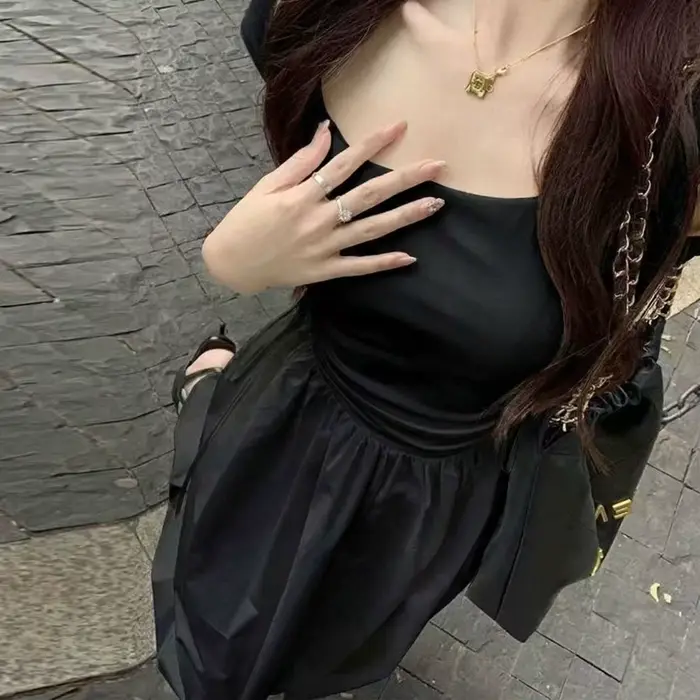 Robe longue noire ajustée de style français pour femmes