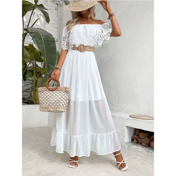 Robe blanche longue en dentelle pour femmes, épaules dénudées, ligne A, volants, Slim, épissure élég