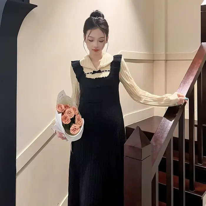 Robe longue patchwork pour femmes enceintes maternité style préppy pulls tricotés acrylique confort occasionnels élégantes