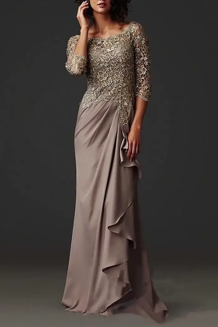 Robes de mère de la mariée marron D10, col rond, manches 2023, plissé, mousseline de soie, dentelle 