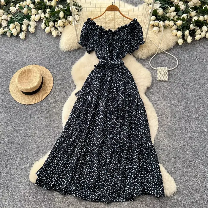 Robe longue femme coupe trapèze Y2K streetwear col rond manches courtes imprimée élégante pour soirée et travail taille ajustée été 2026
