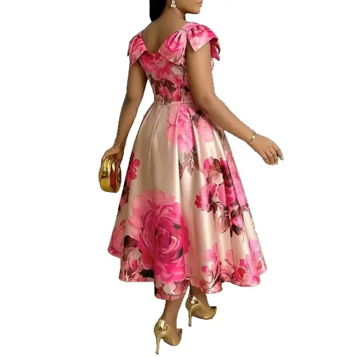 Robe élégante à imprimé floral orange à la française avec col à volants