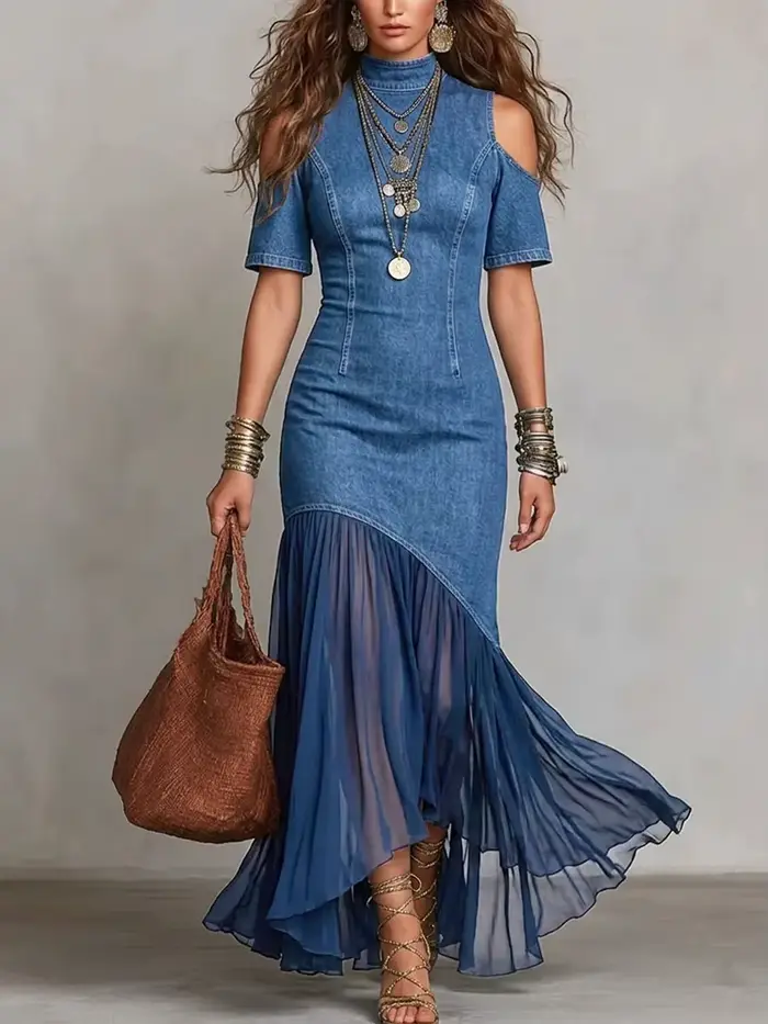 Robe longue élégante en jean bleu profond pour femme avec empiècements en mousseline plissée et col mi-haut pour occasions spéciales et soirées glamour