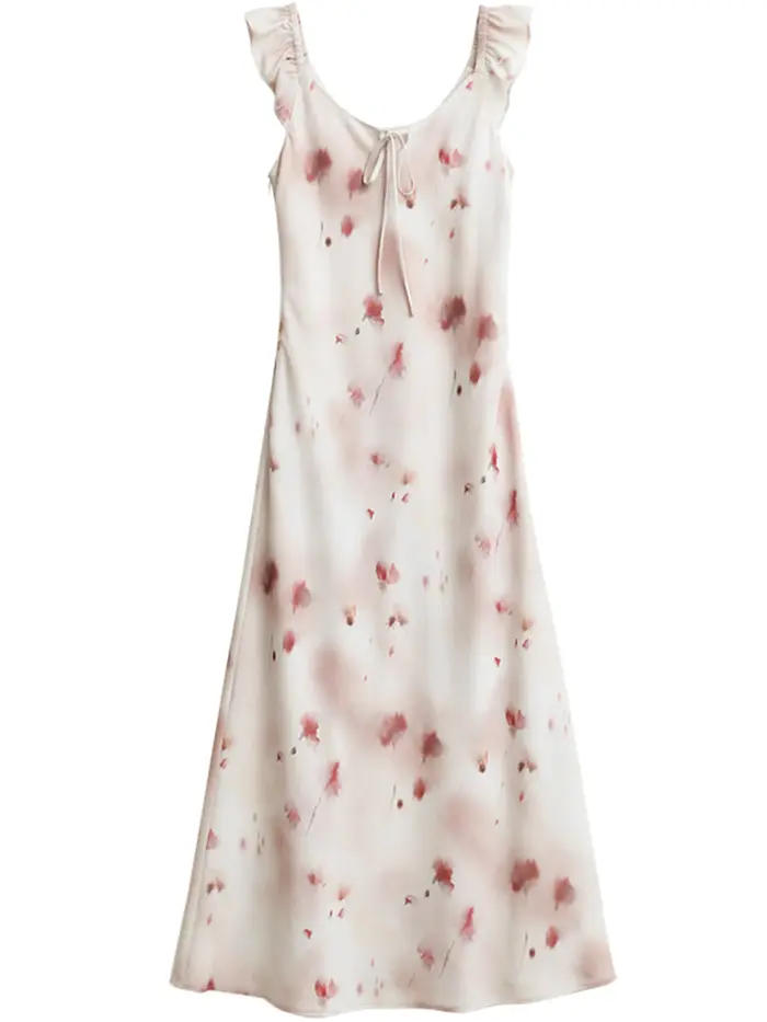 CHIC VEN femmes robes rétro mince décontracté nouveau col en U Halo imprimé petite sans manches longue robe à bretelles