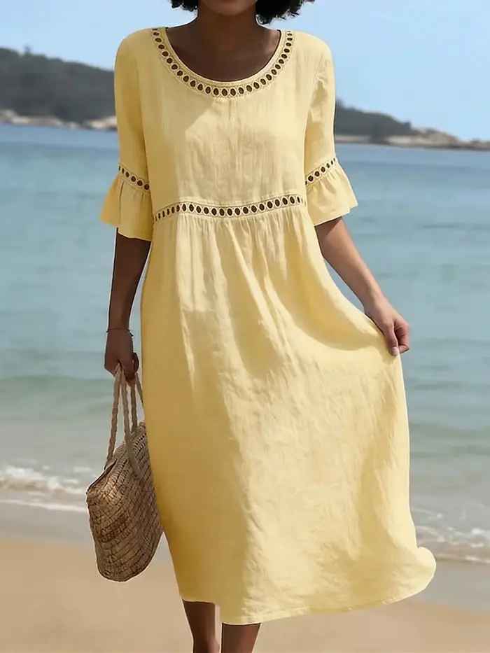 Robe en lin brodée à la française, robe midi ample à manches courtes à volants pour les vacances à la plage