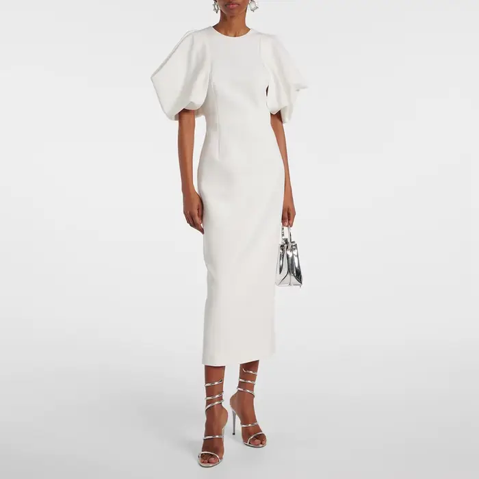 Robe de soirée cocktail pour femme en polyester tricoté coupe droite col rond élégante pour mariage et événement spécial ivoire