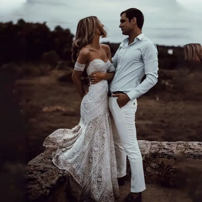 SWEMILE Robes de mariée sirène en dentelle bohème avec manches amovibles, décolleté cœur, traîne cou