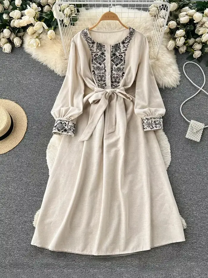 Robe longue en coton et lin pour femme