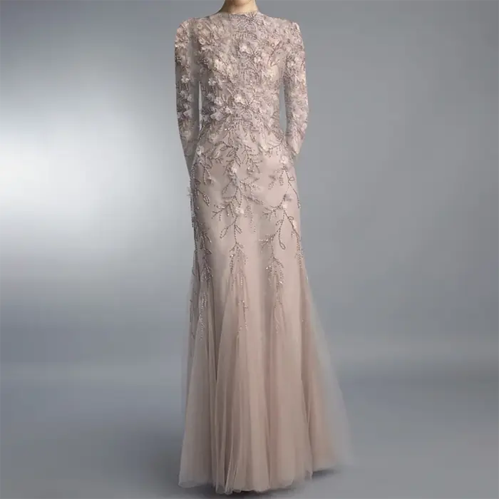 Robe Sirène Élégante à Fleurs en Tulle Tenue de Soirée Longue Brodée Col Rond Manches Sulf Pour Femmes Occasions Spéciales