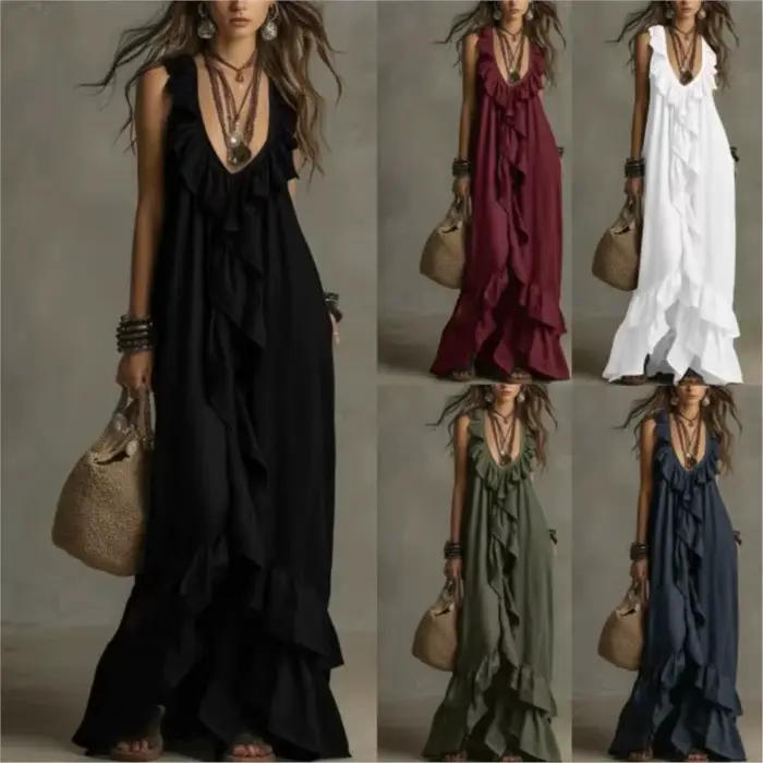 Robe longue ample style bohème unie à volants
