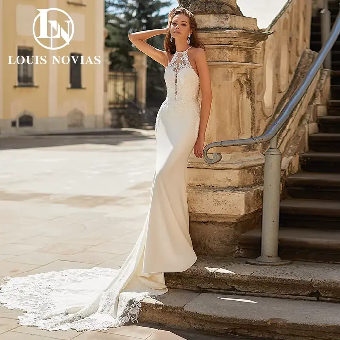 LOUIS NOVIAS robes De mariée sirène pour femme col rond brodé découpé Satin robe