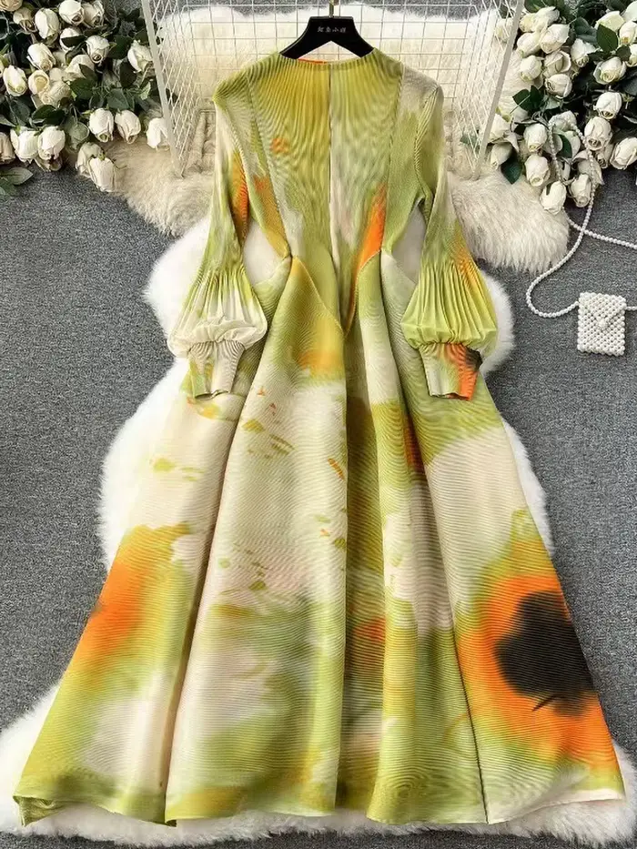 Robe Maxi Plissée à Manches sulfpour Femme