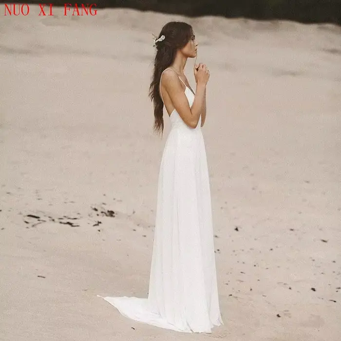 Robe de Mariée Sexy en Mousseline de Soie, Tenue de Plage, Col en V, Dos aux, Bretelles Spaghetti, Style Boho, pour Patients, Bon Marché, 2022