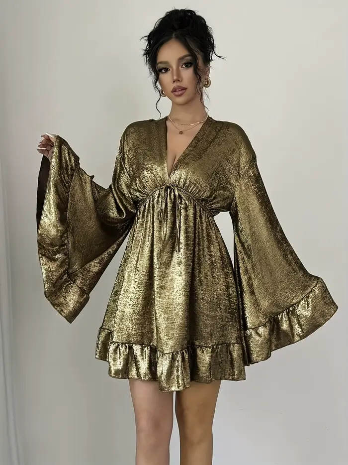 Robe mini en velours noir pour femme, col en V, manches cloche, taille nouée, ourlet à volants, robe