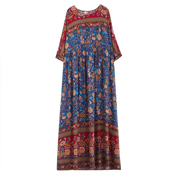 Robe d'été grande taille en soie style bohème col rond manches courtes imprimé floral ample pour femmes sorties décontractées et occasions spéciales