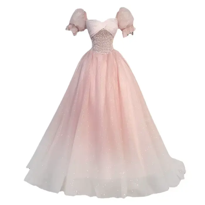 Robe de Soirée en Tulle à Paillettes et Manches Moelleuses Style Préppy Occasions Spéciales Nouvelle Collection 2024