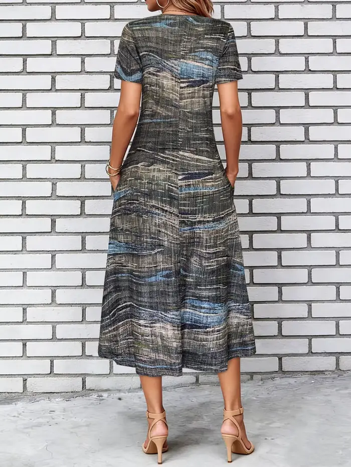 Robe longue grise et bleue à imprimé texturé abstrait pour femme