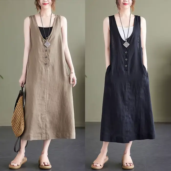 Nouvelle Robe Débardeur Femme Été Style Mori Girl Vintage Couleur Unie Coton Lin Col V Sans Manches Décontractée Ample Longueur Midi