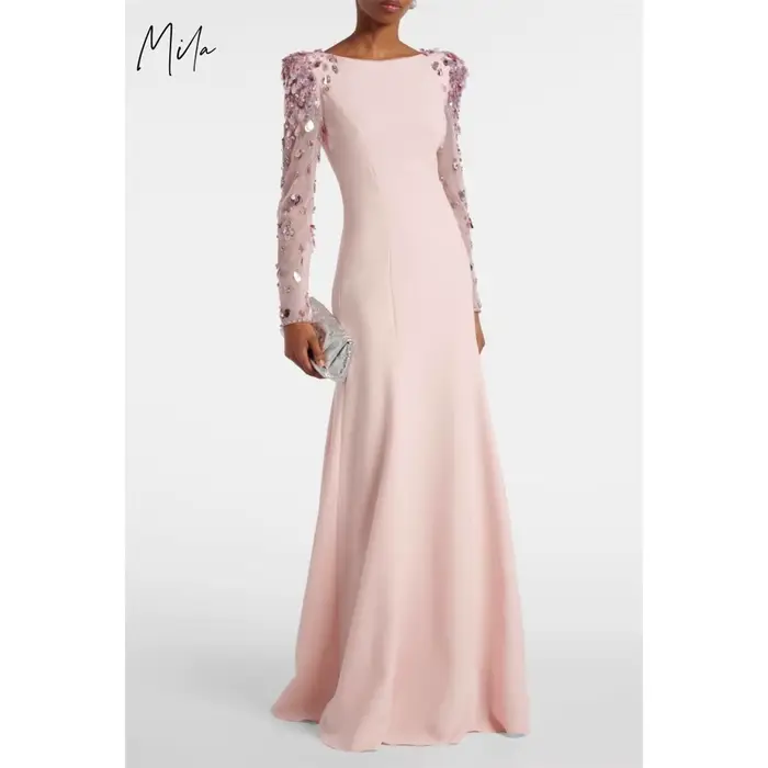 Mila rose sirène robe de soirée de mariage personnalisé col rond manches longues robes de soirée dos