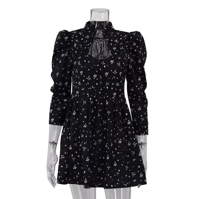 Robe courte florale avec col montant et à nouer, jupe trapèze, taille empire pour femmes, polyester, mini, printemps été