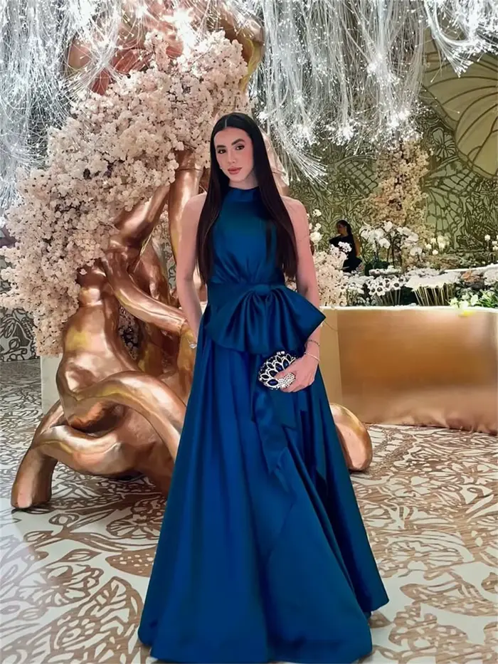Mila bleu col haut robe de mariée personnalisé sans manches nœud sangle Satin robes de soirée élégant parole longueur vestidos de fiesta