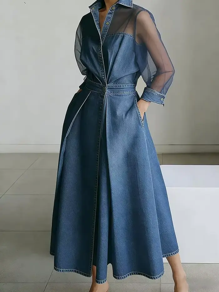 Robe trapèze en jean streetwear pour femme, vêtement d'été, avec manches longues en tulle transparen