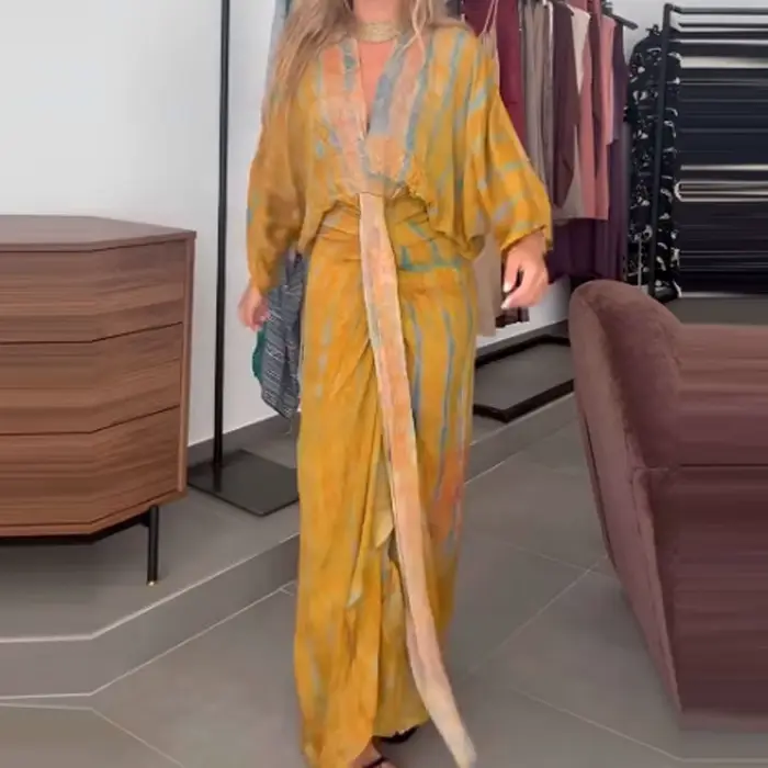 Manches chauve-souris plissées décontracté femmes robe longue Vintage imprimé col en v