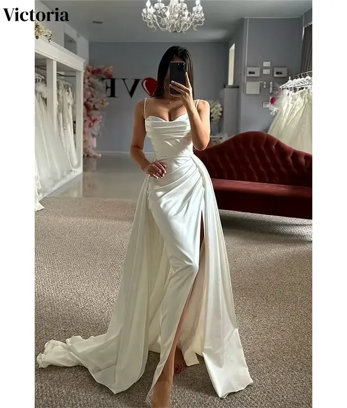 Robe de soirée sirène sexy personnalisée Victoria en satin avec bretelles spaghetti