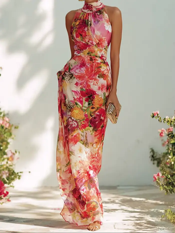 Robe d'été pour femme à imprimé floral rouge