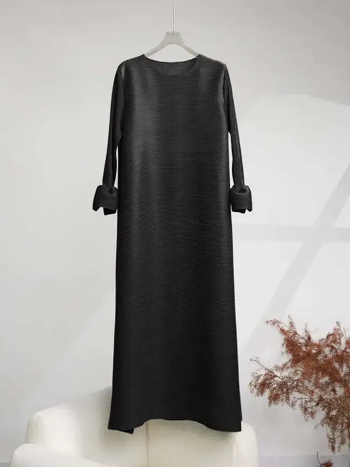 LANMREM-Robe longue plissée à col rond pour femme, coupe trapèze, couleur unie, élégante, tenue de f