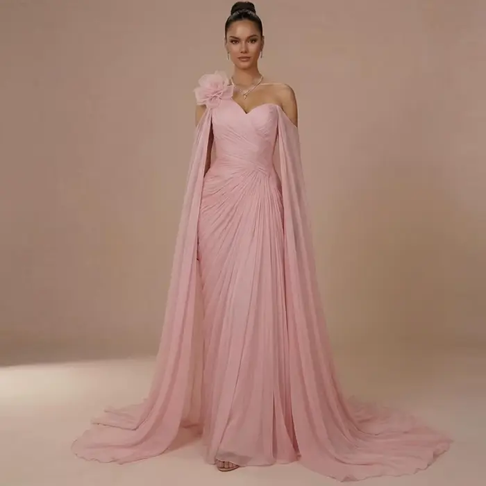 Robe de soirée classique en mousseline à une épaule avec traîne Watteau fleurs 3D pour femmes occasions spéciales soirée mariage gala晚会礼服经典雪纺单肩拖尾设计花卉三维立体剪裁女士特殊场合婚礼派对