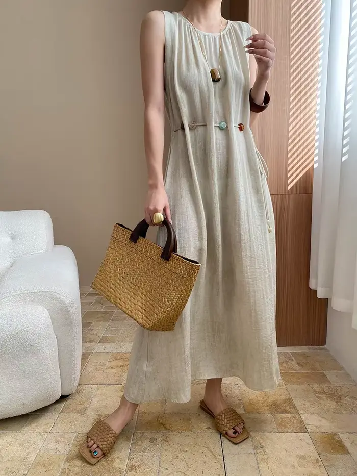 Robe ample décontractée sans manches, couleur unie, col rond, pour femmes, printemps et été