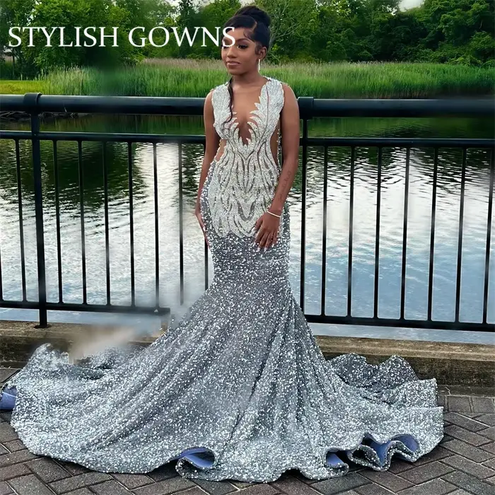 Robe de Rhlongue O N transparente argentée pour filles noires, appliques de perles, fête d'anniversa