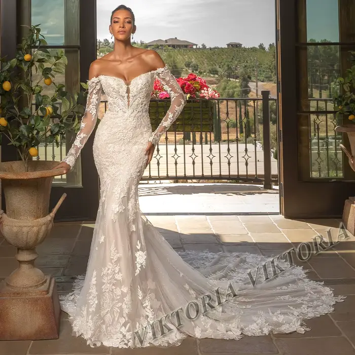 VIKTORIA-Robes de mariée sirène personnalisées pour femmes, col bateau, manches amovibles, appliques