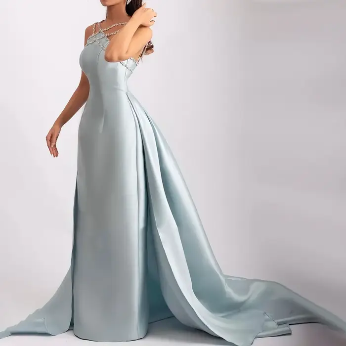 Robe de soirée Sharon Said en satin bleu clair élégante avec train de balayage pour femmes occasions spéciales soirée officielle mariage