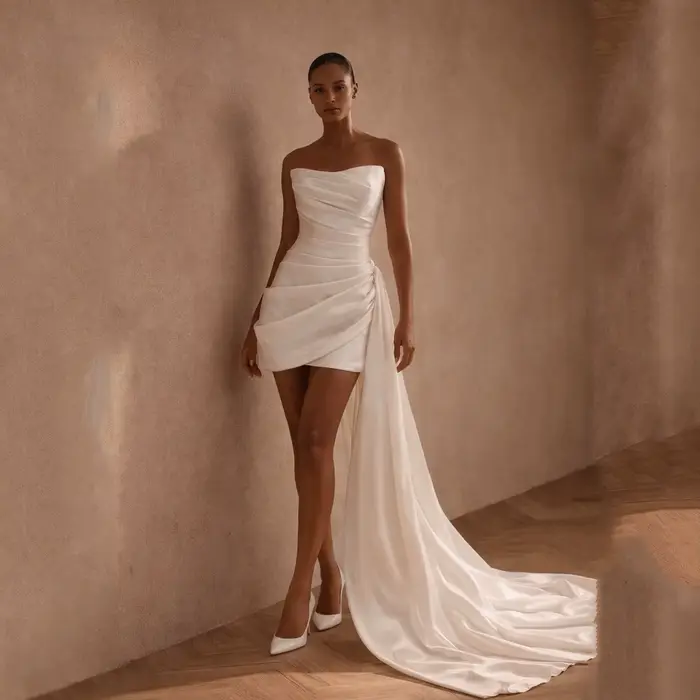Mini robe de mariée en satin, sans bretelles, courte, élégante, style fourreau, robe de mariée civil