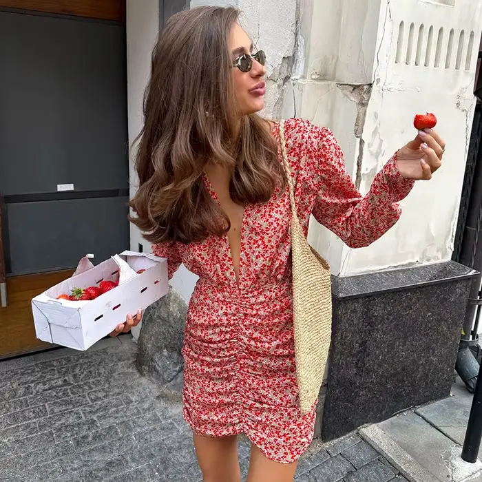 Linad Vintage col en V profond imprimé robe courte Sexy été taille haute plissée Mini