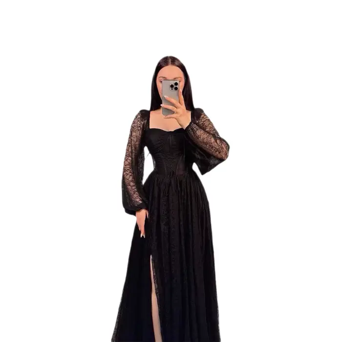 Robe élégante en dentelle polyester longue cheville avec manches lanternes pour femmes occasions formelles romantiques bureau