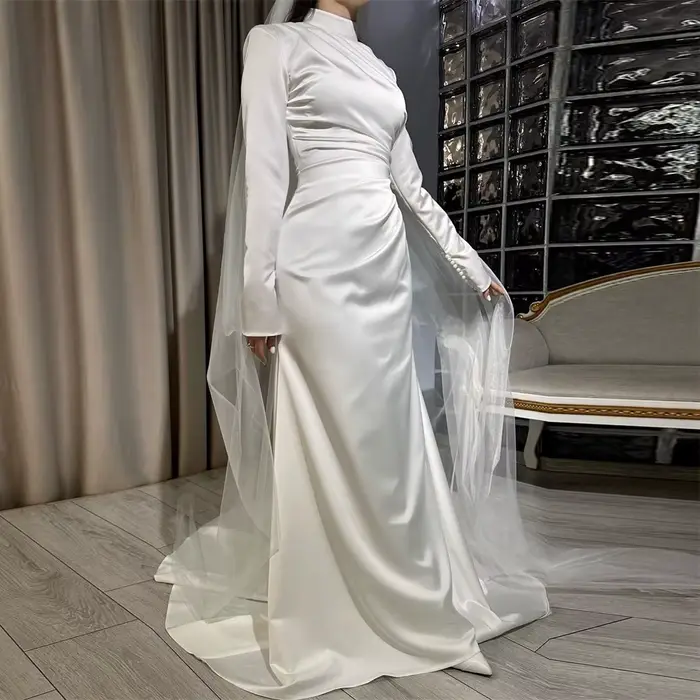Robe de Soirée Sirène Arabe Élégante à Manches sulf, Tenue de Bal à Plis, pour Occasions Formelles, 