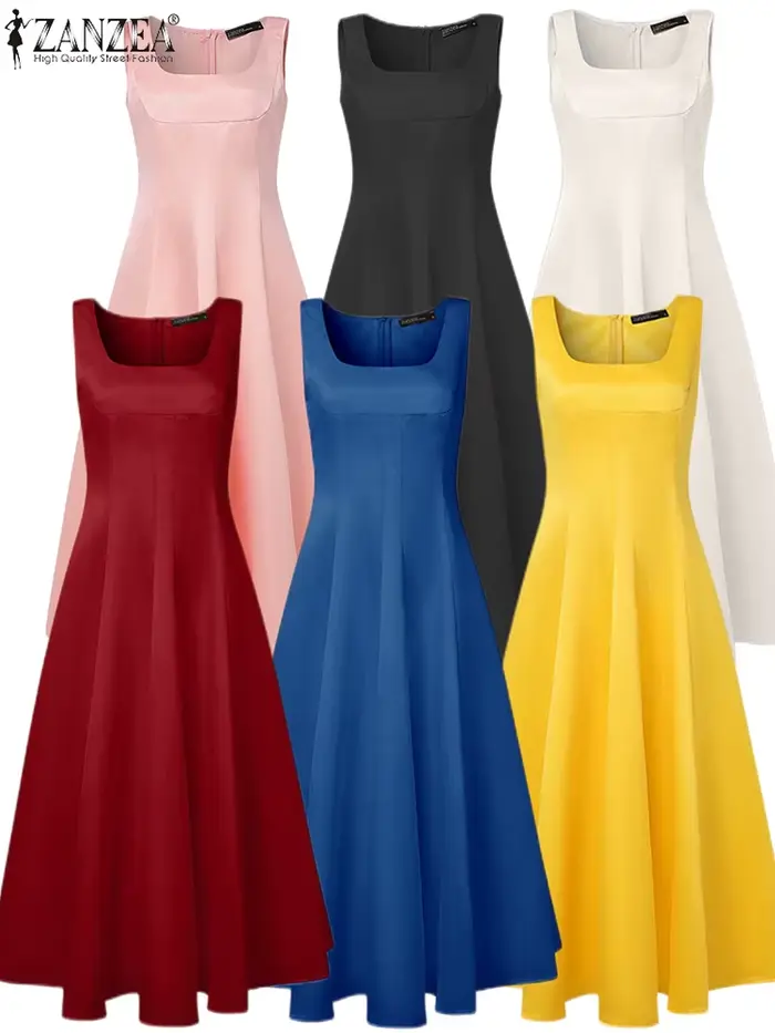 Femmes mode 6 couleurs Satin Cocktail longue robe ZANZEA élégant col carré sans manches a-ligne robes de soirée pour femme