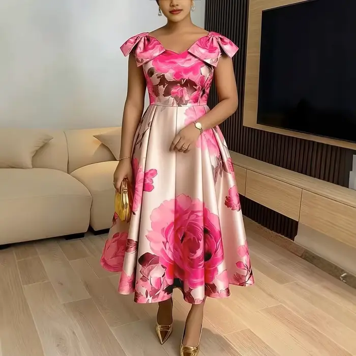 Robe élégante à imprimé floral orange à la française avec col à volants