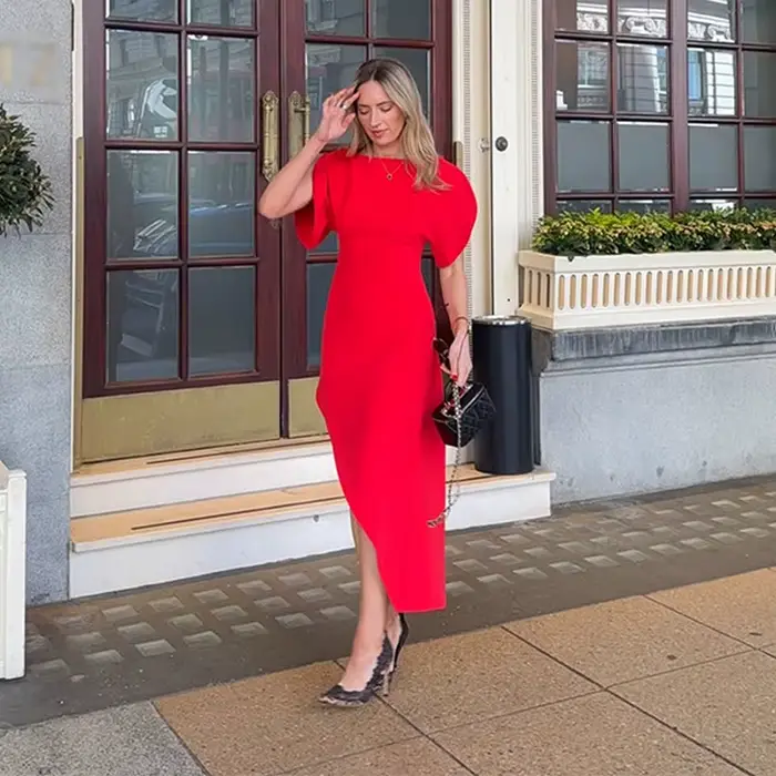 Nouvelle Robe de Soirée Élégante Rouge Asymétrique pour Femme, Coupe Slim, Ourlet Incliné Irrégulier