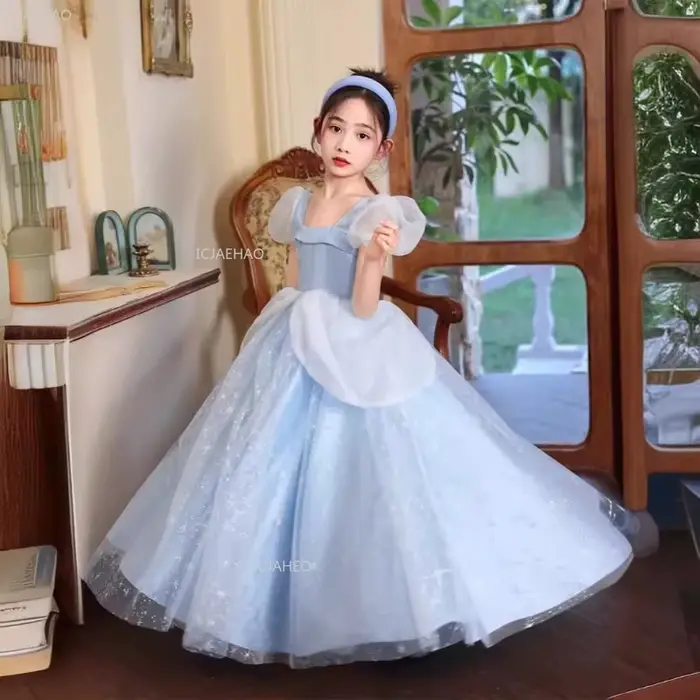 Robe de soirée princesse bleue pour filles, à fleurs, pour mariage, anniversaire, hôte, spectacle de Piano, spectacle, robe de célébration formelle