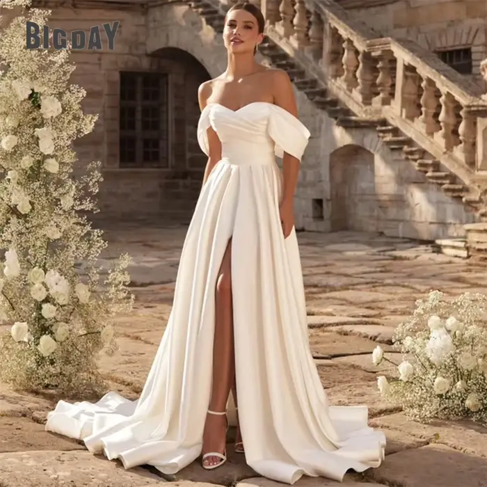 Robe de Mariée Trapèze Élégante en Satin, Dos aux, Plissé, Fendu, pour Patients, Éducative, Personna