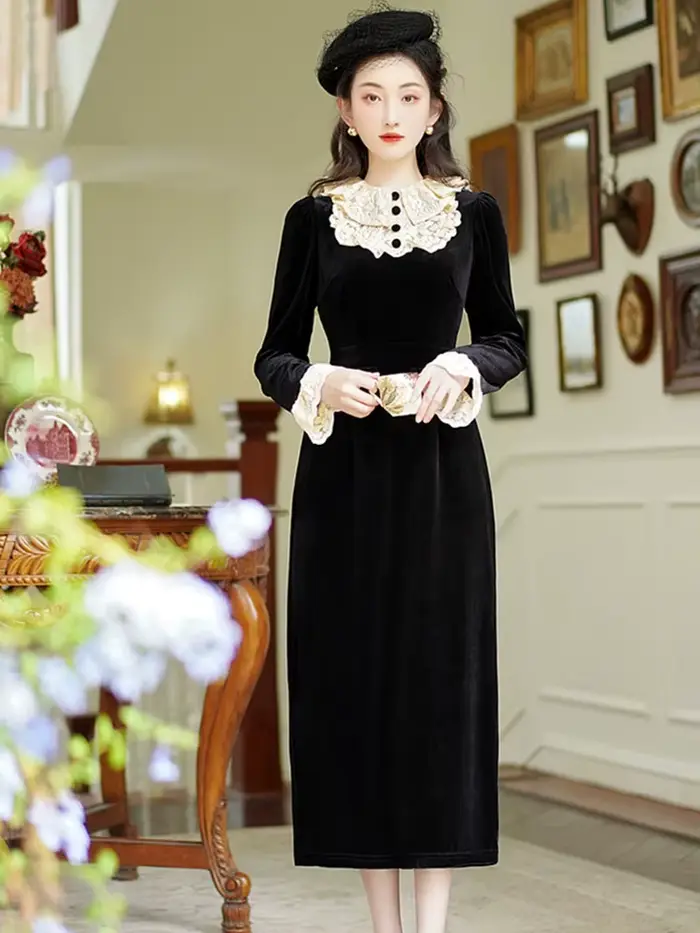 Dames 60s rétro noir robe en velours Vintage Style victorien dentelle volants col manches évasées él