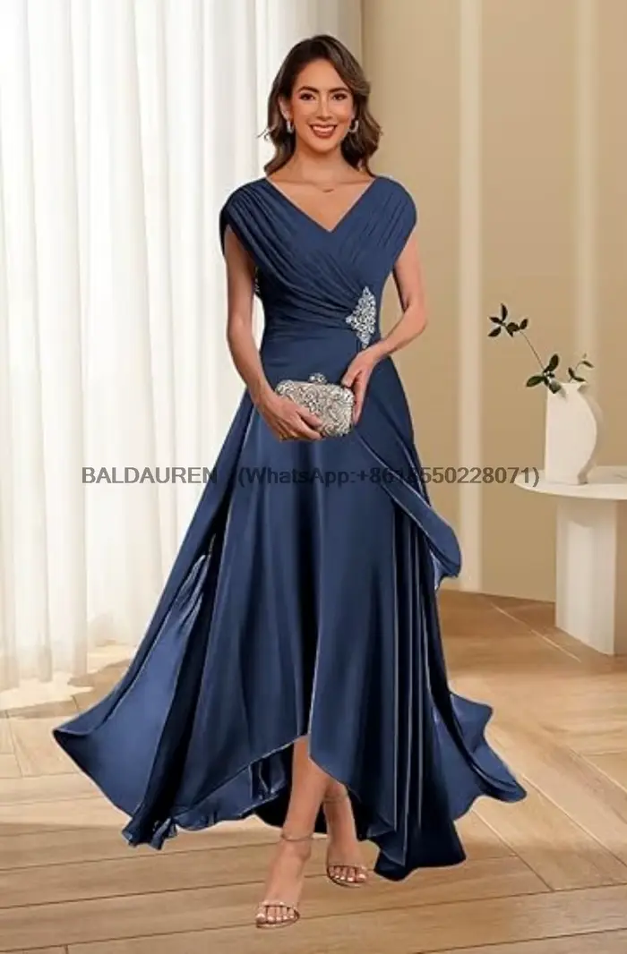 Robe de soirée en mousseline de soie avec appliques en dentelle pour la mère de la mariée, style classique, longueur au sol, col en V, manches courtes, occassions spéciales